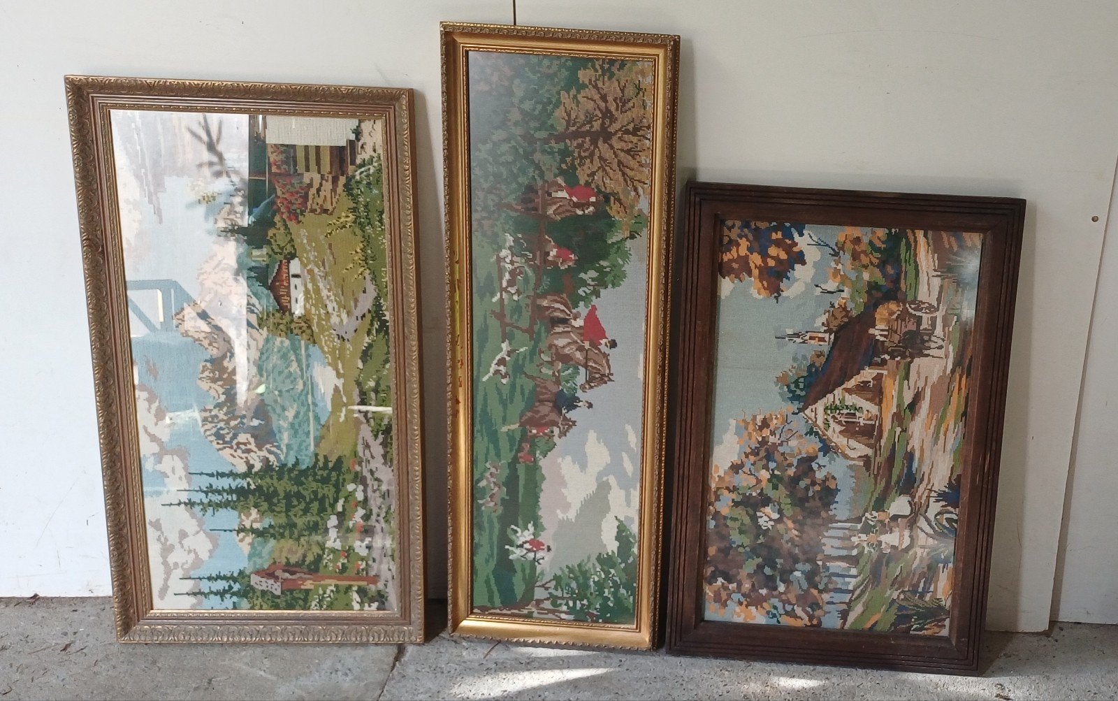 Vintage grote borduurwerken ingelijst, Ophalen of Verzenden