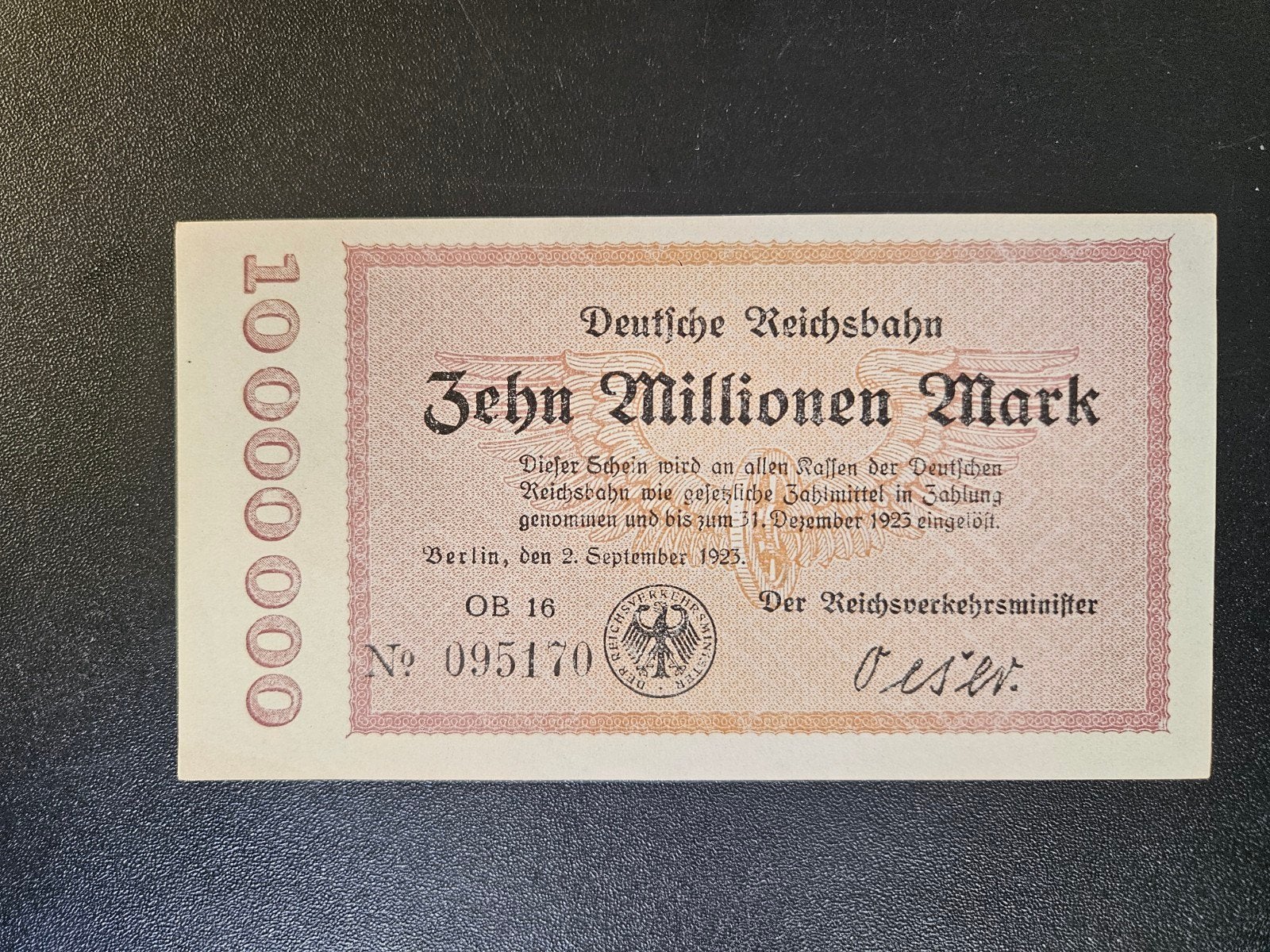 Duitsland Berlin 135 Deutsche Reichsbahn UNC 1923 10 mln., Postzegels en Munten, Bankbiljetten | Europa | Niet-Eurobiljetten, Ophalen of Verzenden
