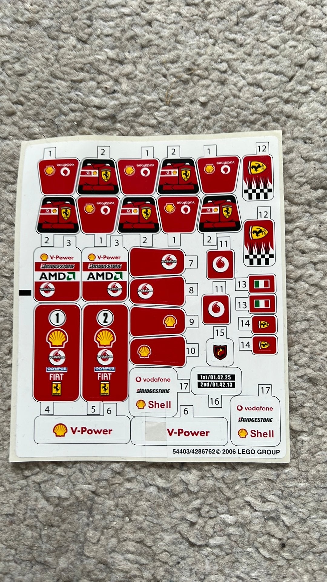 Oud LEGO stickervel Ferrari F1 fuel shop nr. 8673, Ophalen of Verzenden, Gebruikt, Lego