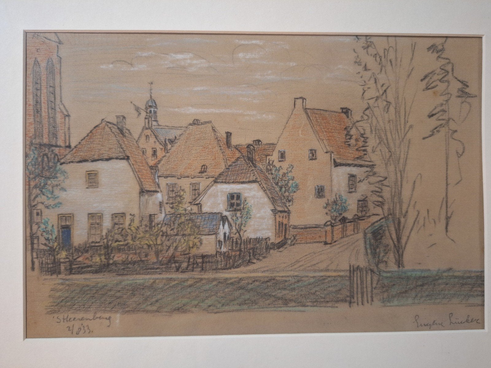 Originele tekening 'Heerenberg' door Eugene Lucker, Ophalen of Verzenden, Tekening, Gesigneerd
