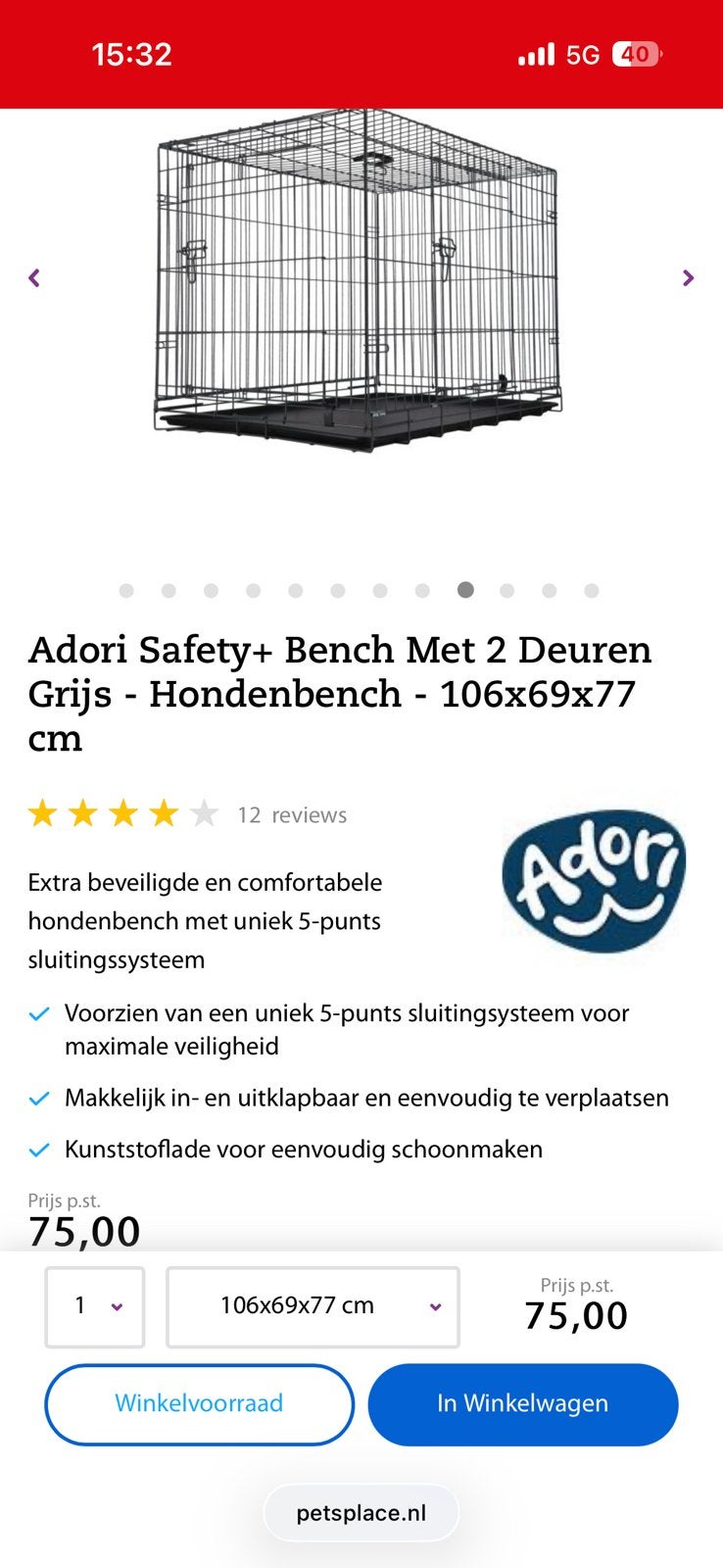 Hondenbench 106x69x77, Dieren en Toebehoren, Hondenhokken, Ophalen, Zo goed als nieuw, Minder dan 75 cm, Minder dan 65 cm