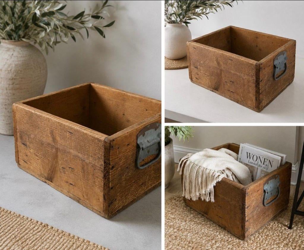 Oude houten krat / vintage opbergkist met metalen handgrepen, Huis en Inrichting, Woonaccessoires | Kisten, Ophalen, Zo goed als nieuw