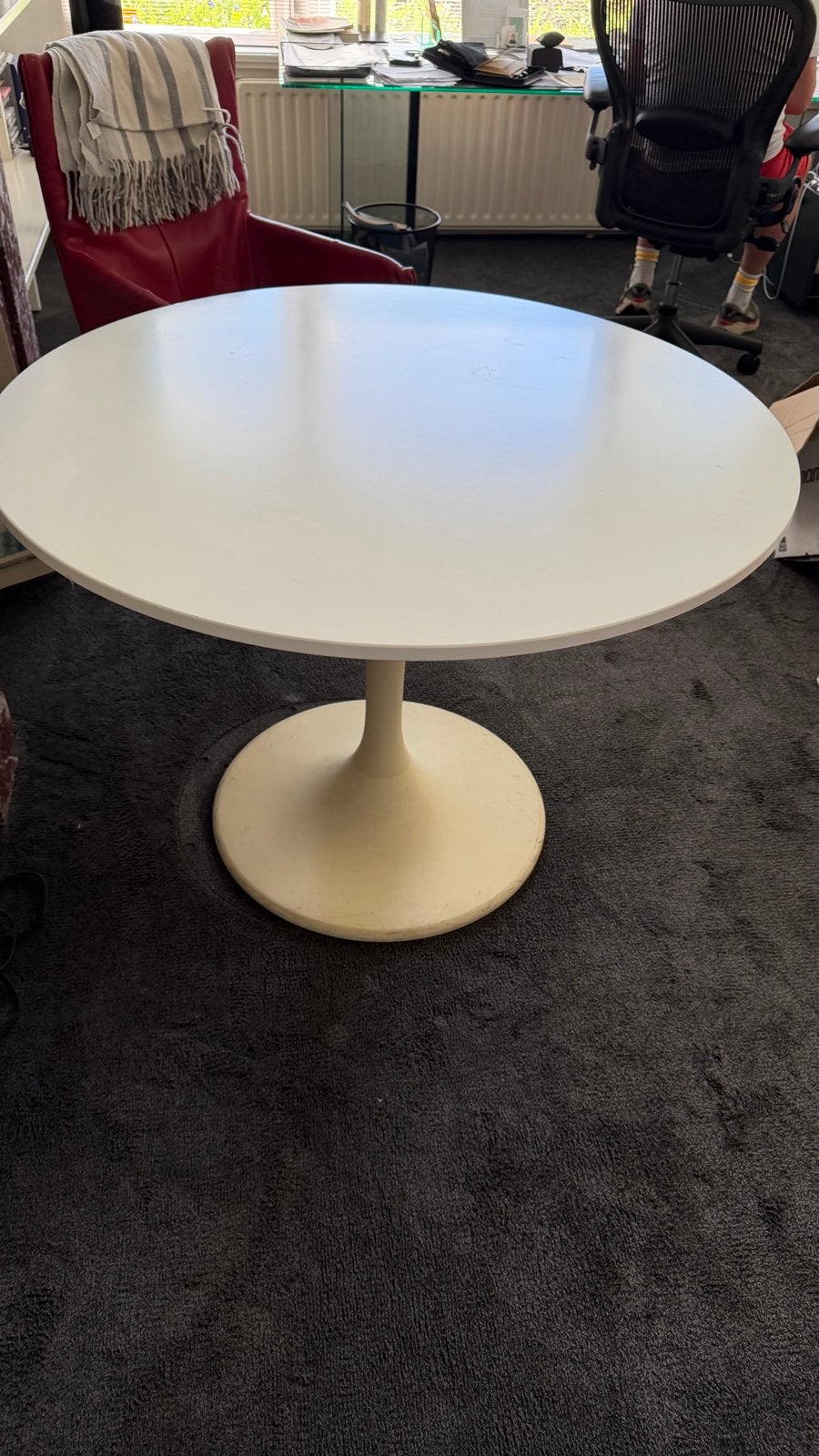 Witte ronde tafel met trompetvoet - 100cm doorsnede, Ophalen, Gebruikt, Rond, 100 tot 150 cm
