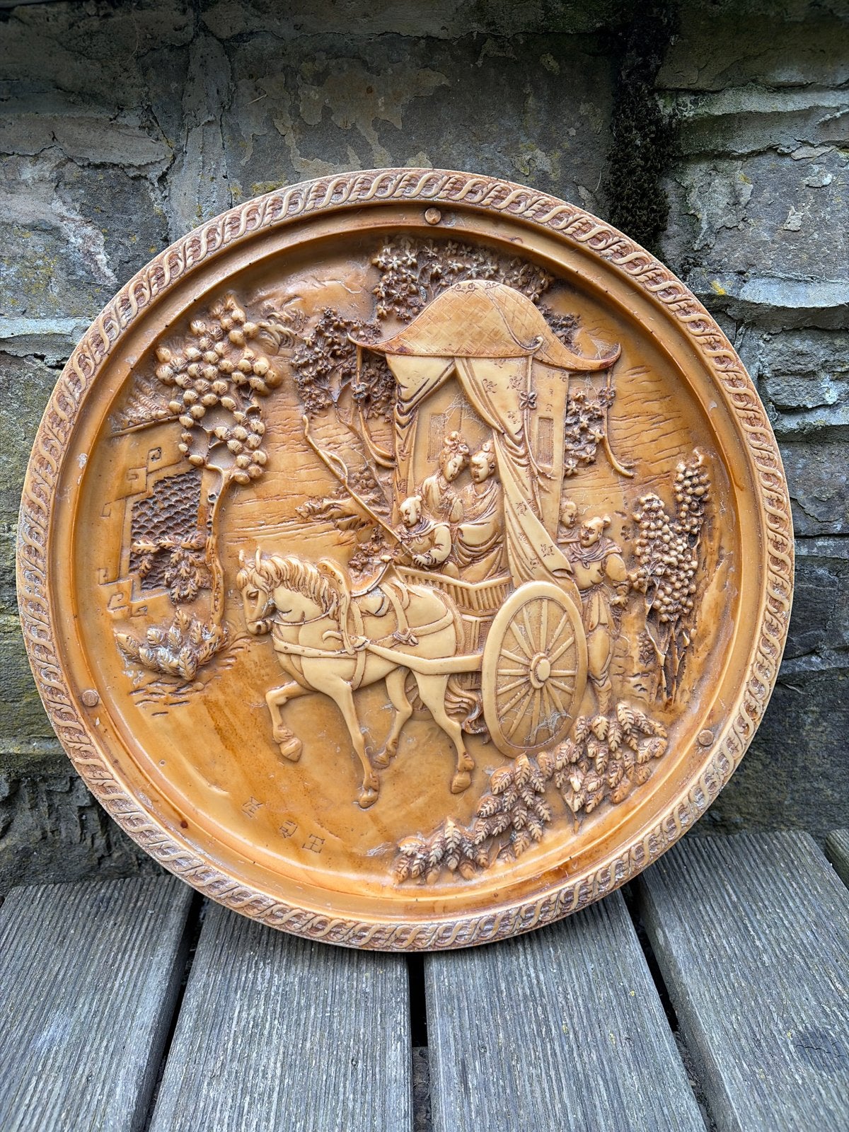 Vintage Aziatisch Wandbord met Paard en Koets, Ophalen of Verzenden