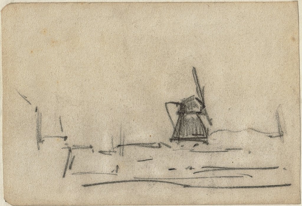 W. B. Tholen "Molen", zonder jaartal, krijt op papier, Ophalen, Tekening, Krijttekening, Origineel