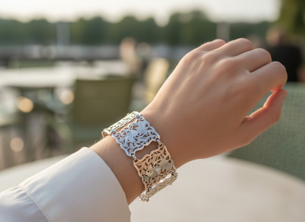 Antieke 800 zilveren BREDE Java paneel gravure armband!, Verzenden, Zo goed als nieuw, X, Zilver