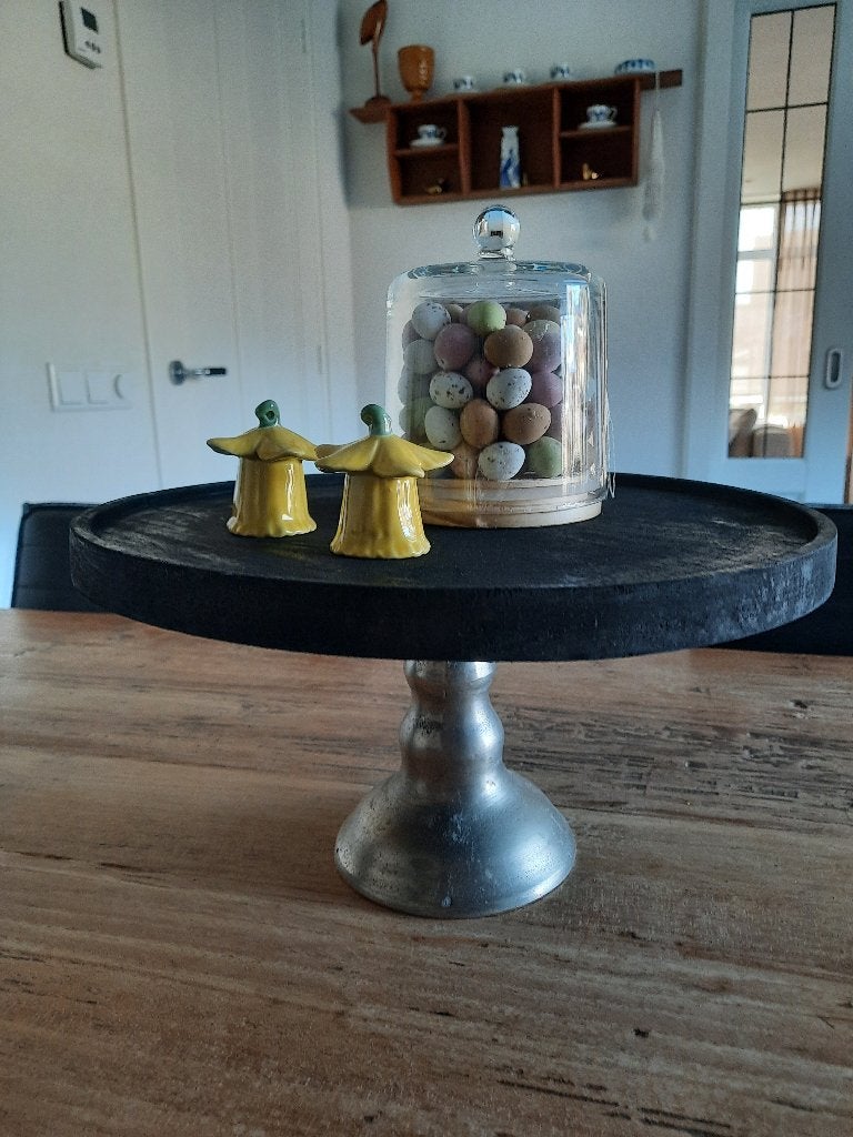 Etagere schaal zwart hout met zilverkleurige voet, Ophalen of Verzenden, Zo goed als nieuw