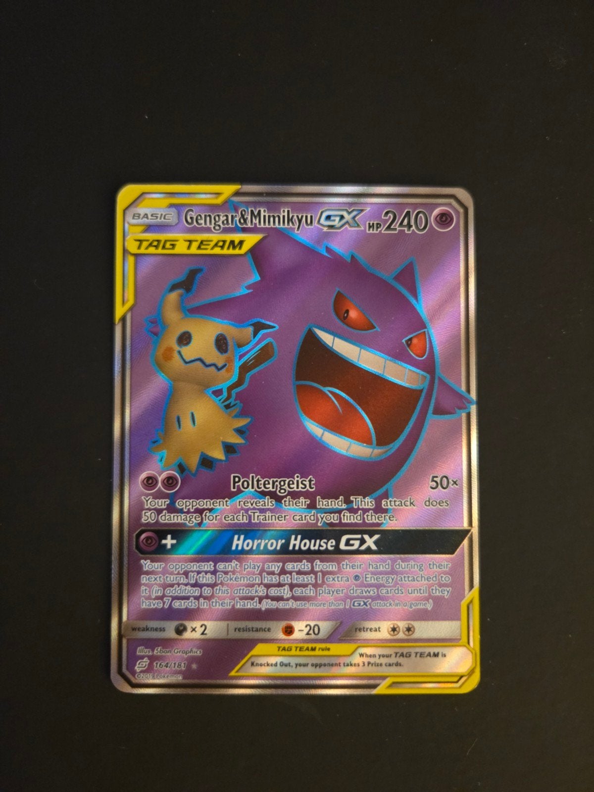 Gengar & Mimikyu GX Pokemon Team Up full art, Ophalen of Verzenden, Zo goed als nieuw, Booster, Foil