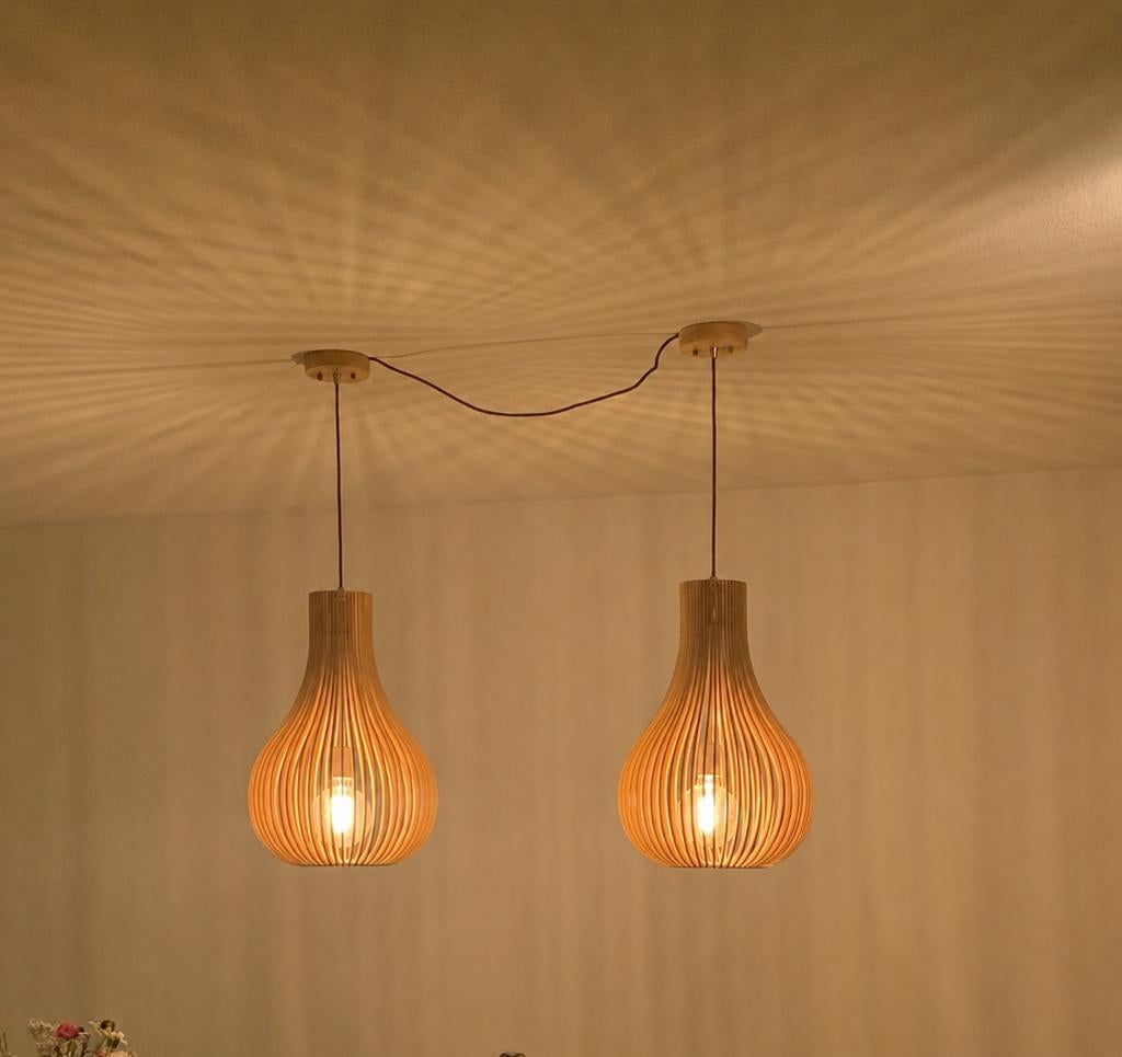 2x Lucide BODO design hanglamp – hout – incl. Philips Hue, Ophalen, Zo goed als nieuw, Hout, 50 tot 75 cm