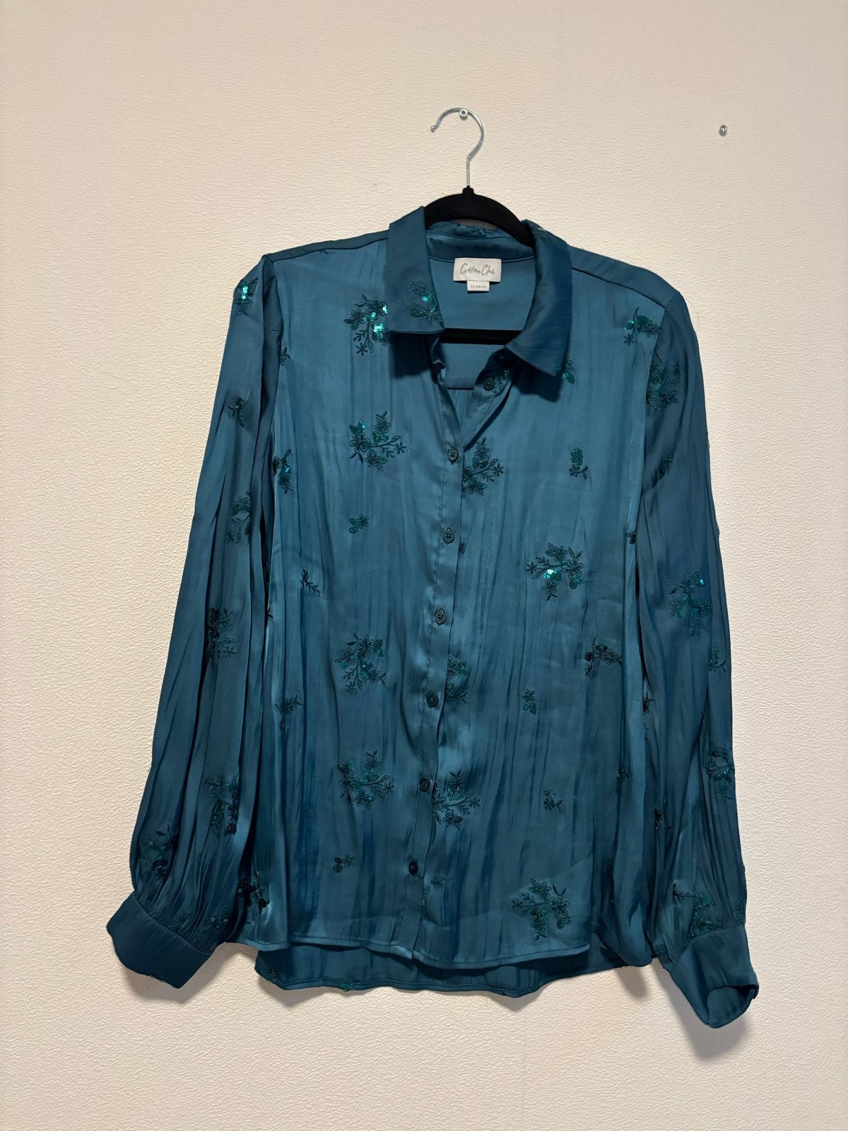 Cotton Club Blauwgroene Satijn Look Blouse XL, Kleding | Dames, Blouses en Tunieken, Ophalen of Verzenden, Gedragen, Maat 46/48 (XL) of groter