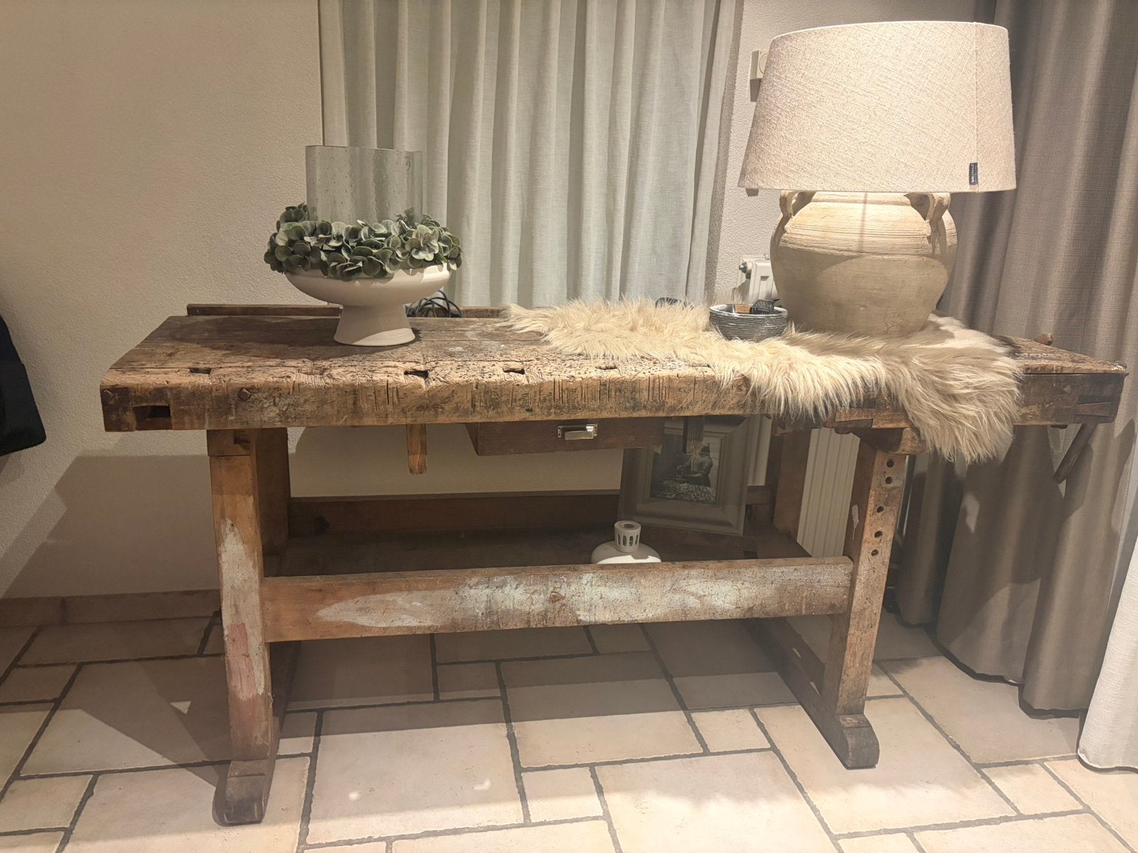 Stoere houten werkbank, Huis en Inrichting, Tafels | Sidetables, Ophalen, Zo goed als nieuw, 150 tot 200 cm, 25 tot 50 cm