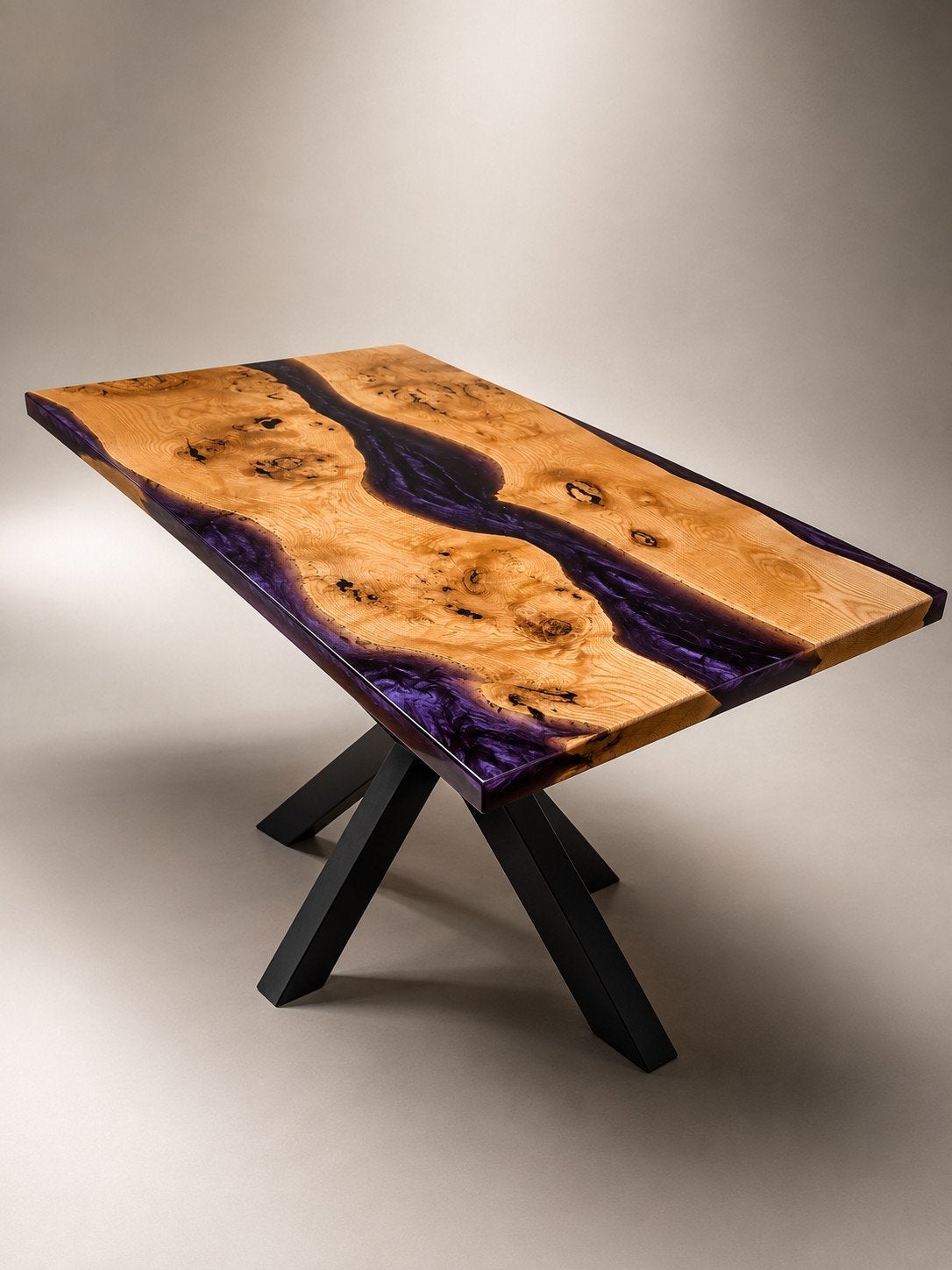 Unieke eettafel van eikenhout en paarse epoxyhars, Nieuw, 150 tot 200 cm, Vier personen, Rechthoekig