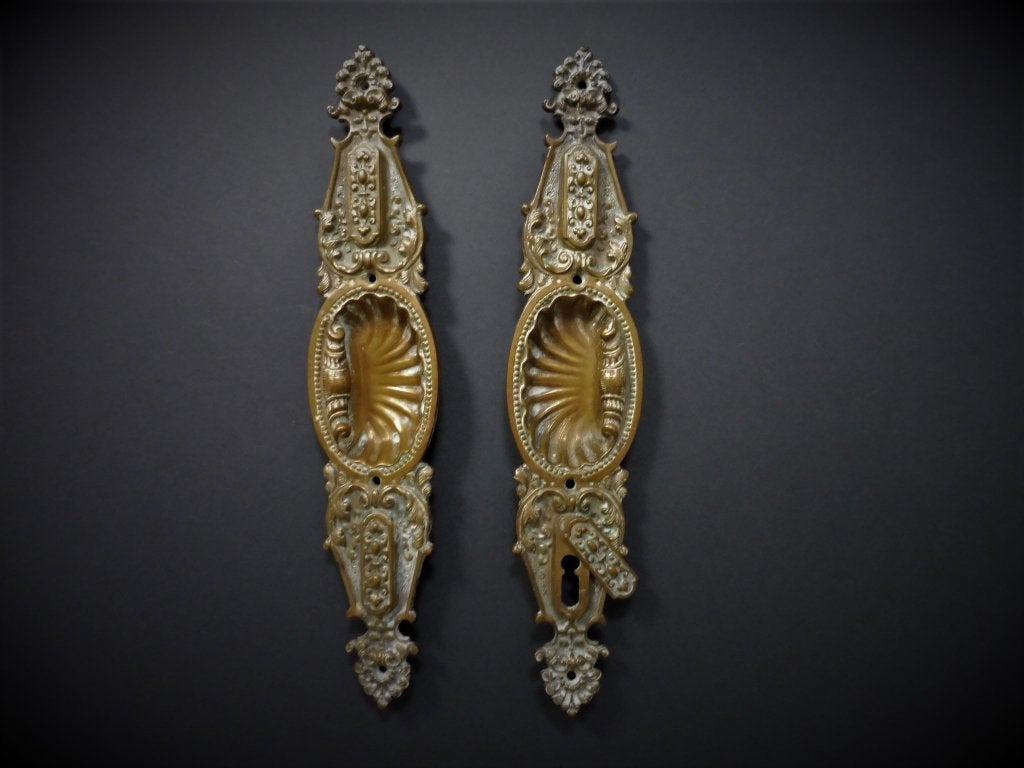 Ensuite schuifdeur beslag schelp deurgreep art nouveau brons, Antiek en Kunst, Ophalen of Verzenden, Brons