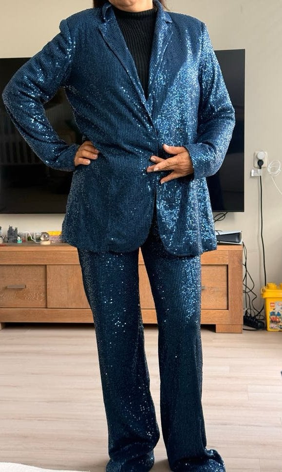 Pull&Bear pailletten pak - Blazer en Broek - Maat M, Maat 38/40 (M), Blauw, Ophalen of Verzenden, Zo goed als nieuw