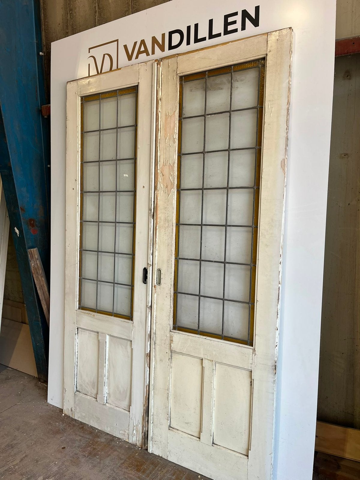 Hoge antieke ensuite schuifdeuren met glas in lood, Doe-het-zelf en Verbouw, Deuren en Horren, 120 cm of meer, Binnendeur, Ophalen of Verzenden