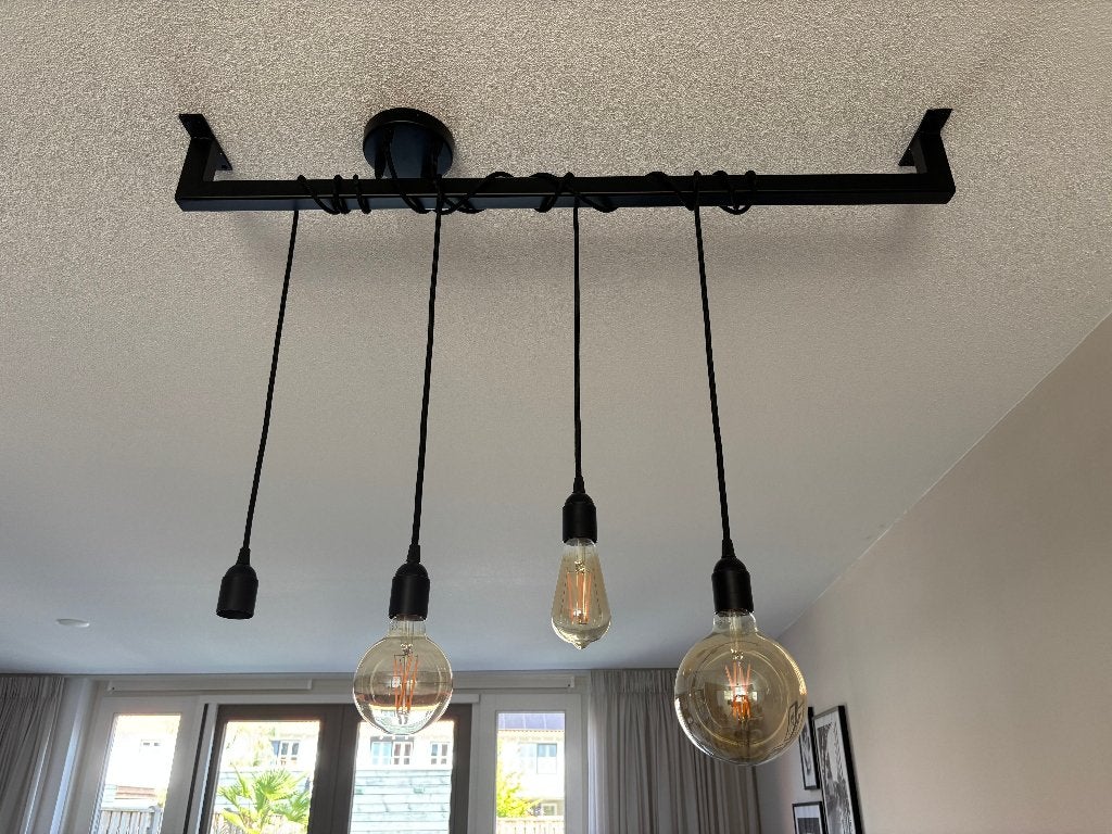 Industriële hanglamp met bar - zwart, Ophalen, Gebruikt, E27 (groot), Metaal