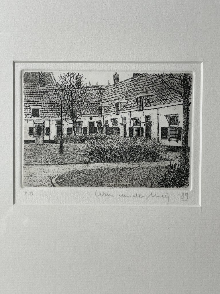Wim van der Meij - ets - Hofje 1989, Architectuur, Gesigneerd, Ophalen of Verzenden, 8 cm
