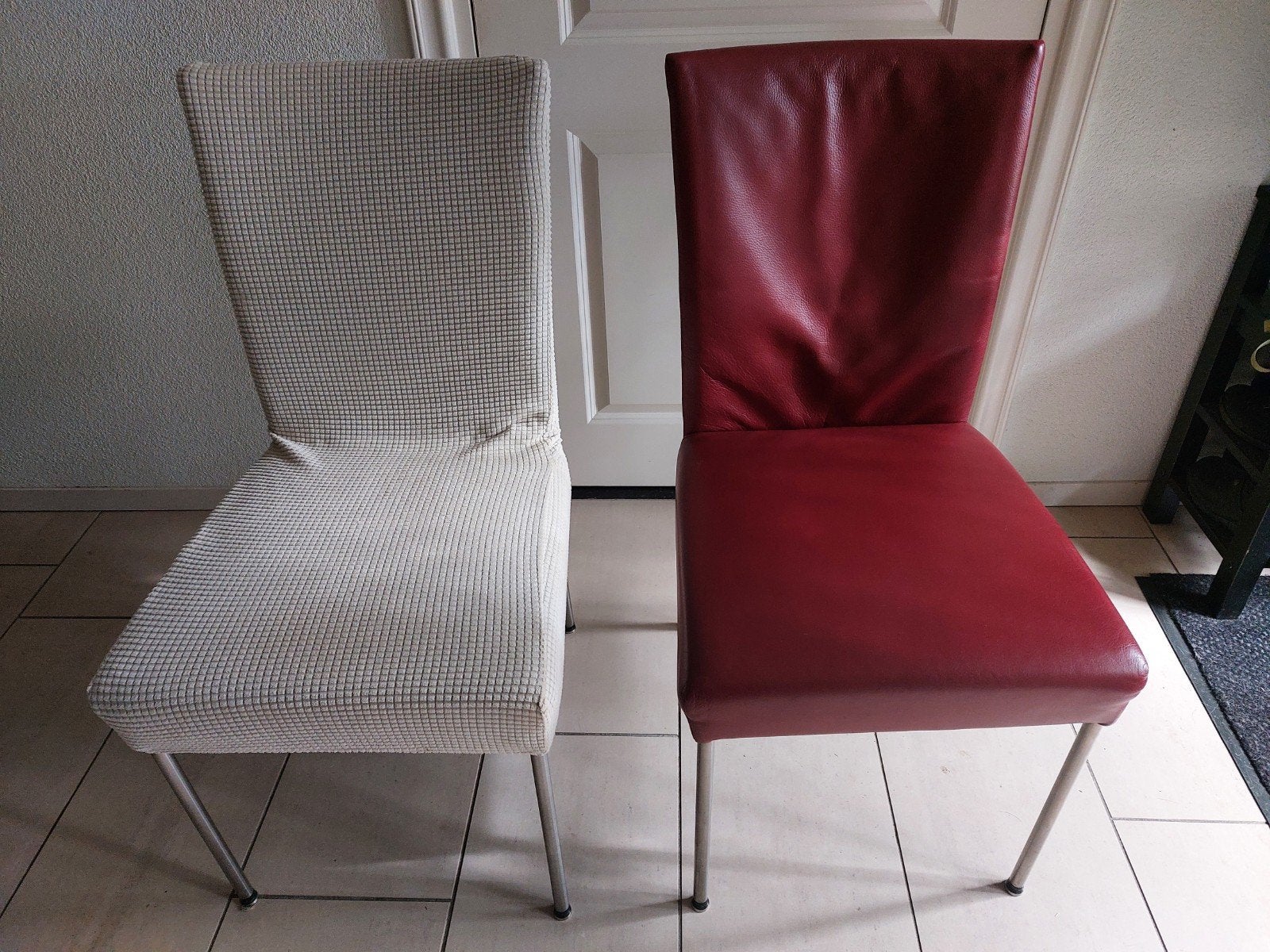 6 Bert Plantagie bordeauxrode leren eetkamerstoelen, Leer, Ophalen of Verzenden, Zo goed als nieuw, Vijf, Zes of meer stoelen