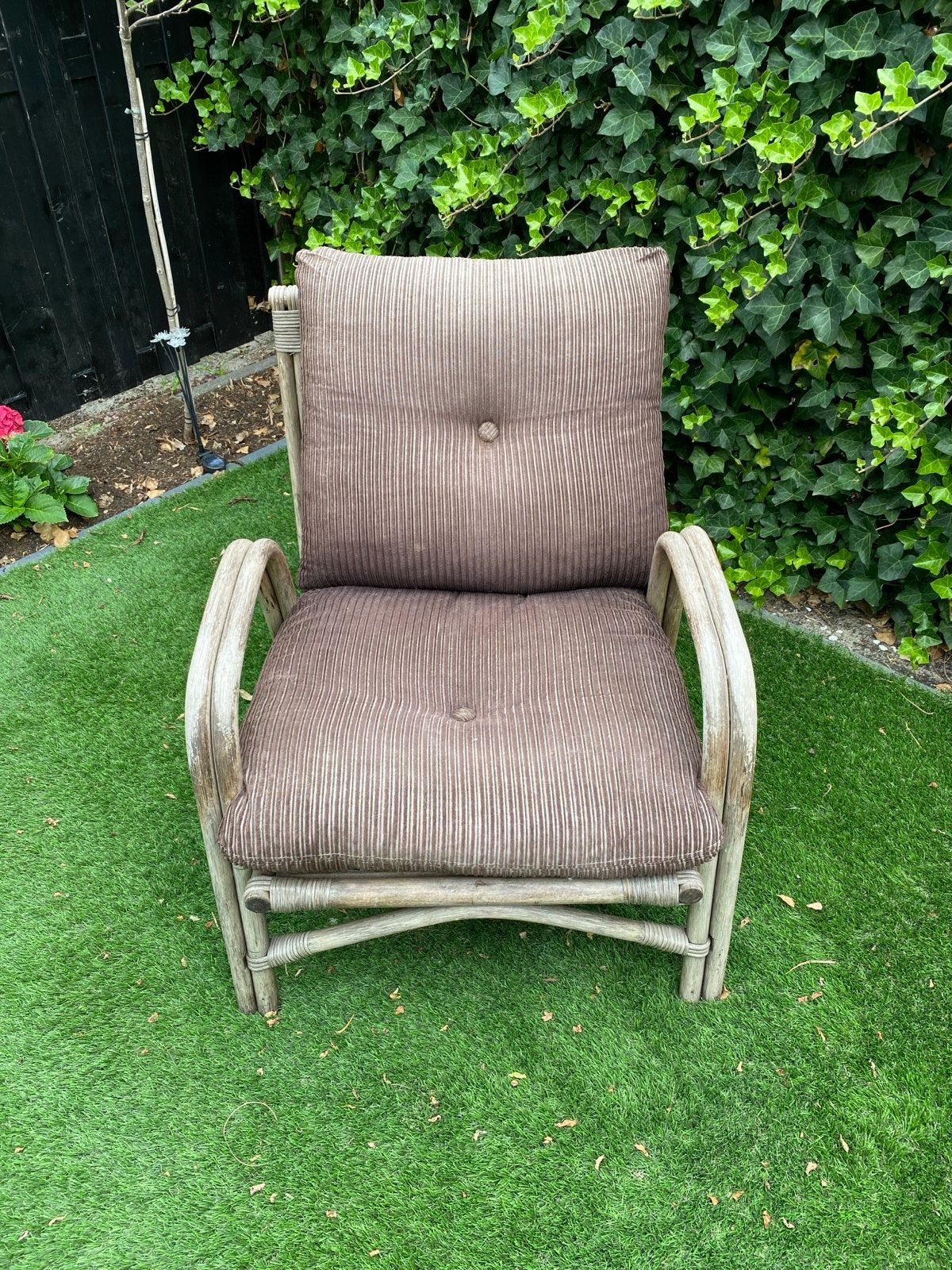 Vintage rotan fauteuil met kussens, Ophalen, Gebruikt, 50 tot 75 cm, Riet of Rotan