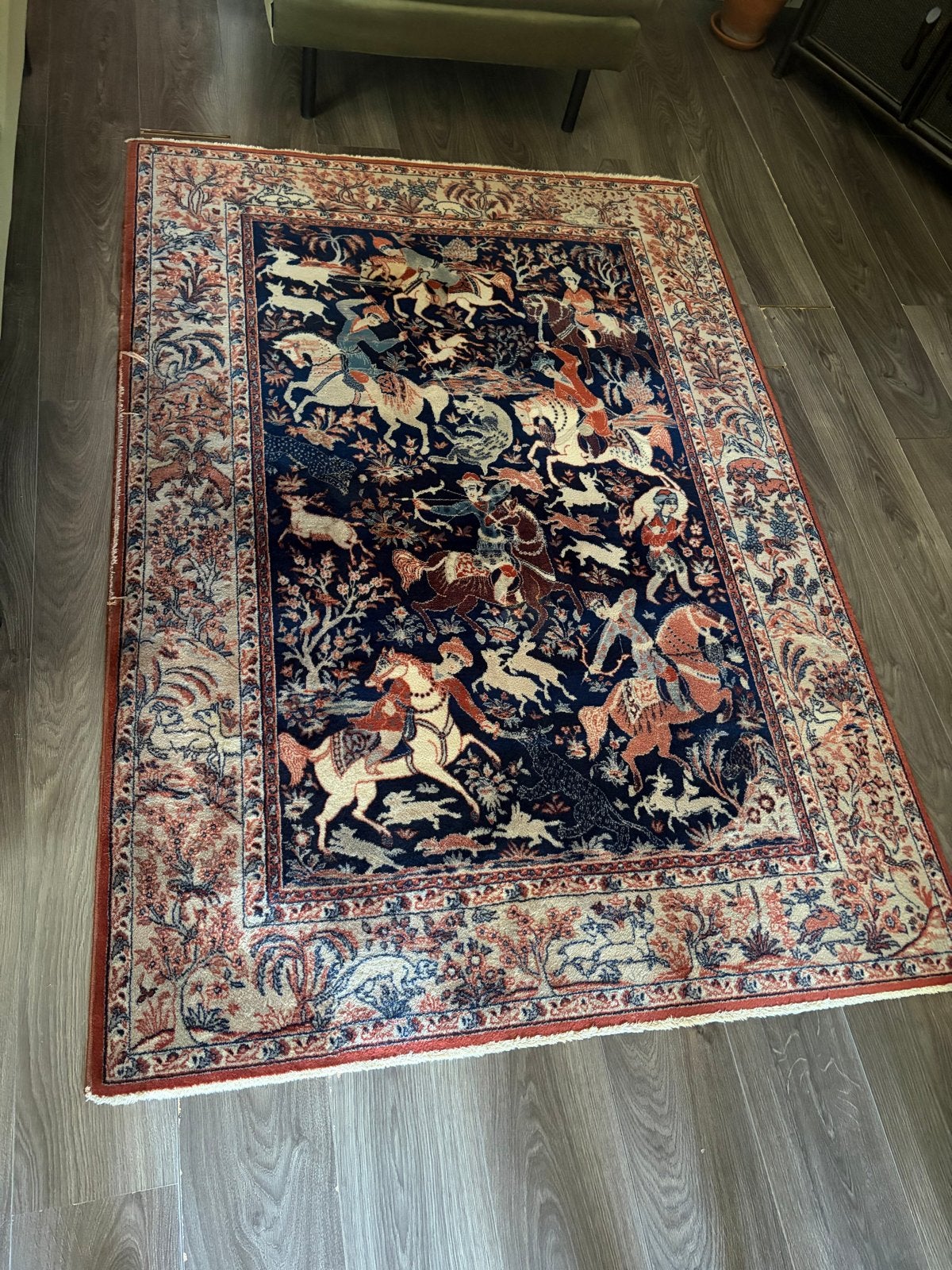 Louis de Poortere Muskabad Vintage tapijt met jachtscène, Ophalen, Gebruikt, 100 tot 150 cm, Blauw