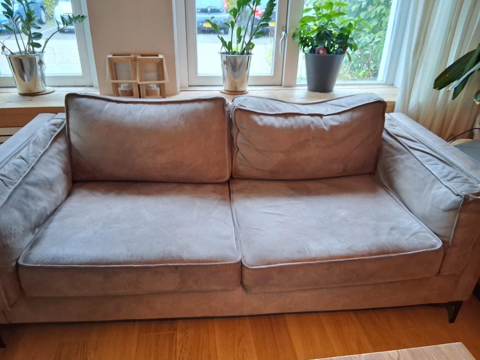 Beige Suède Rundlederen bankstel - 3 +2,5-zits, Ophalen, Gebruikt, 75 tot 100 cm, 200 tot 250 cm