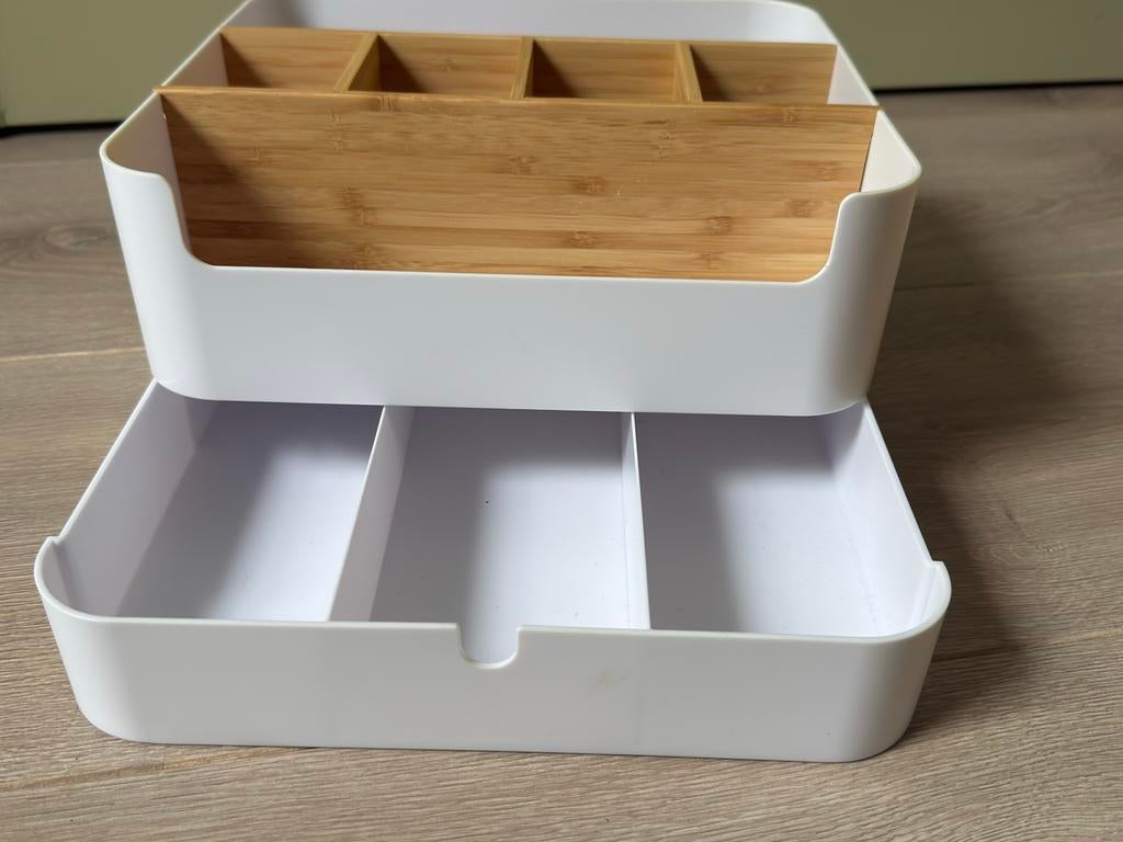 Handige bureau organizer, wit kunststof en bamboe, Ophalen of Verzenden, Zo goed als nieuw