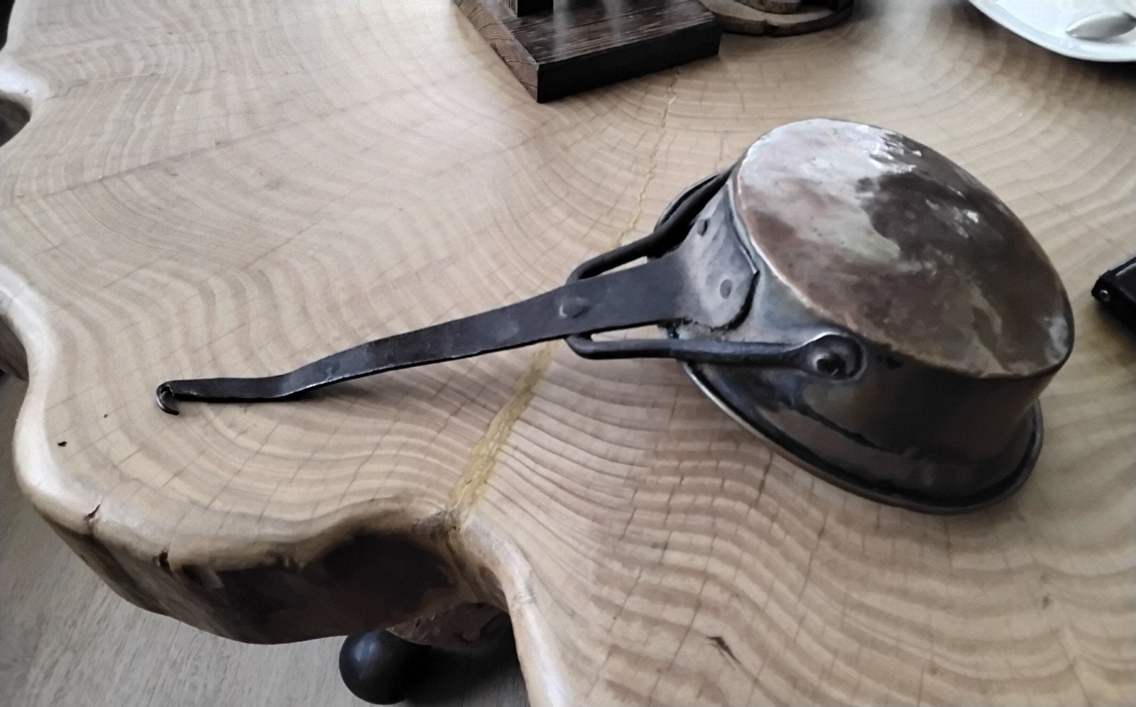 Antiek roodkoperen pannetje met tinlaag en ijzeren steel, Antiek en Kunst, Ophalen of Verzenden