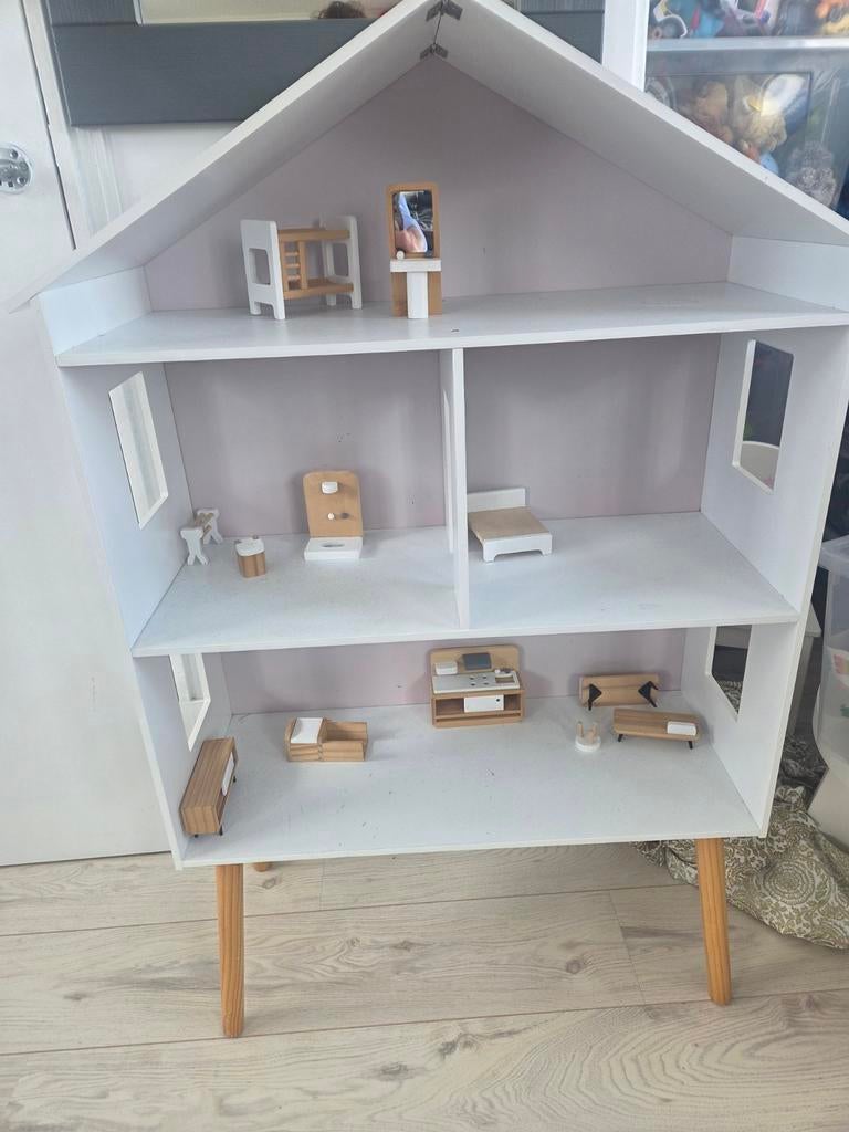 Modern Poppenhuis met Meubels - Wit/Hout, Ophalen of Verzenden, Gebruikt, Poppenhuis