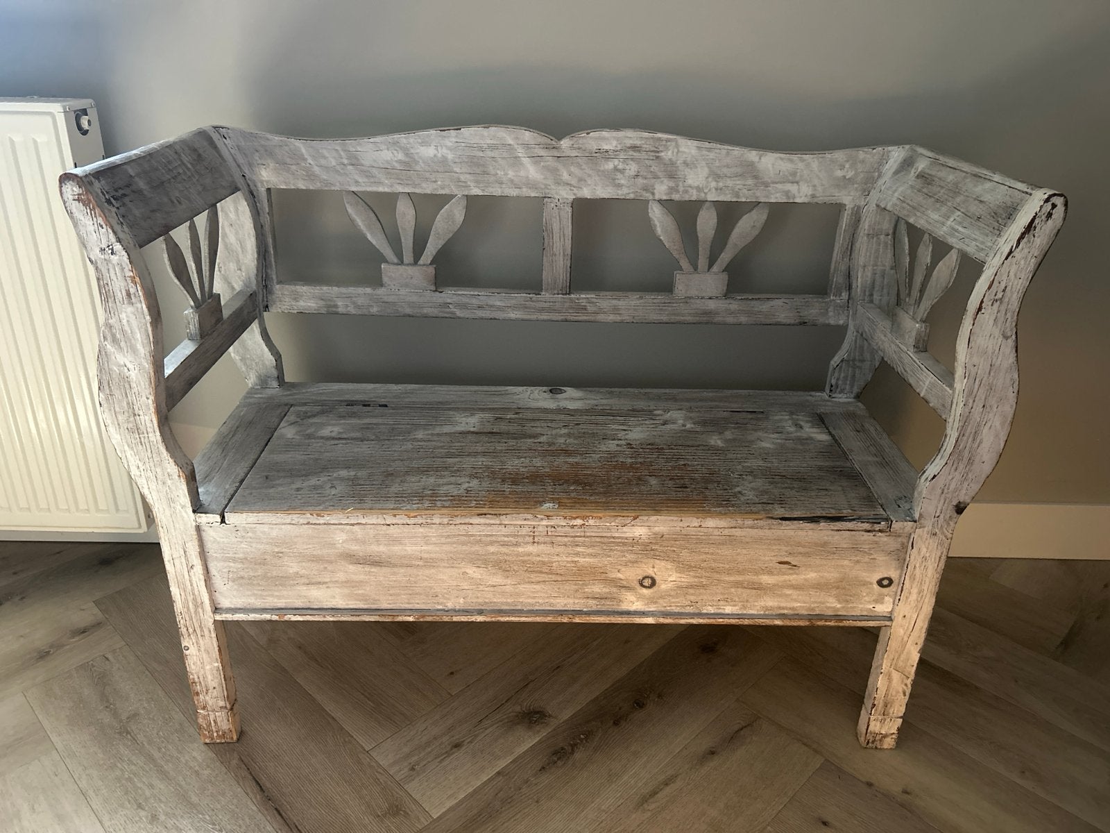 Houten klepbank met opbergruimte - Brocante stijl, Huis en Inrichting, Banken | Bankstellen, Ophalen, Gebruikt, Minder dan 75 cm
