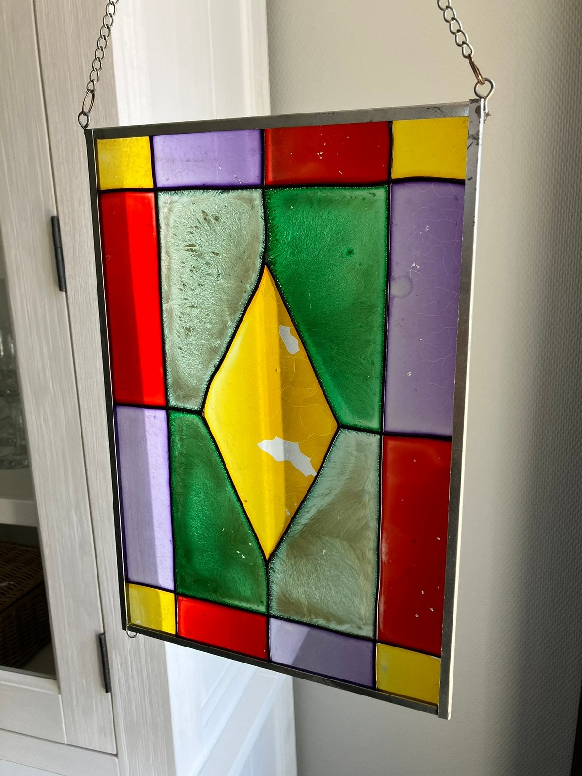 Glas in lood raam raampje decoratie groen geel rood paars, Ophalen of Verzenden