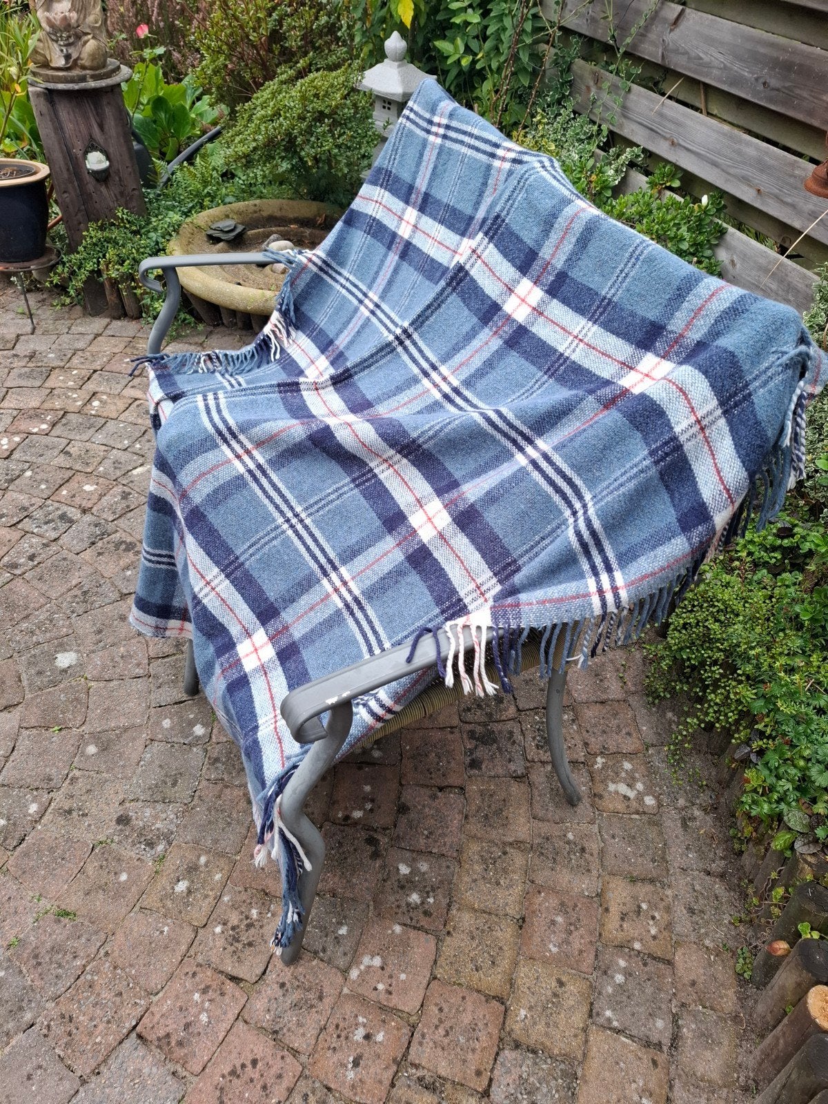 Vintage wollen plaid / autoplaid – Blauw geruit (Jaren 70/80, Ophalen of Verzenden