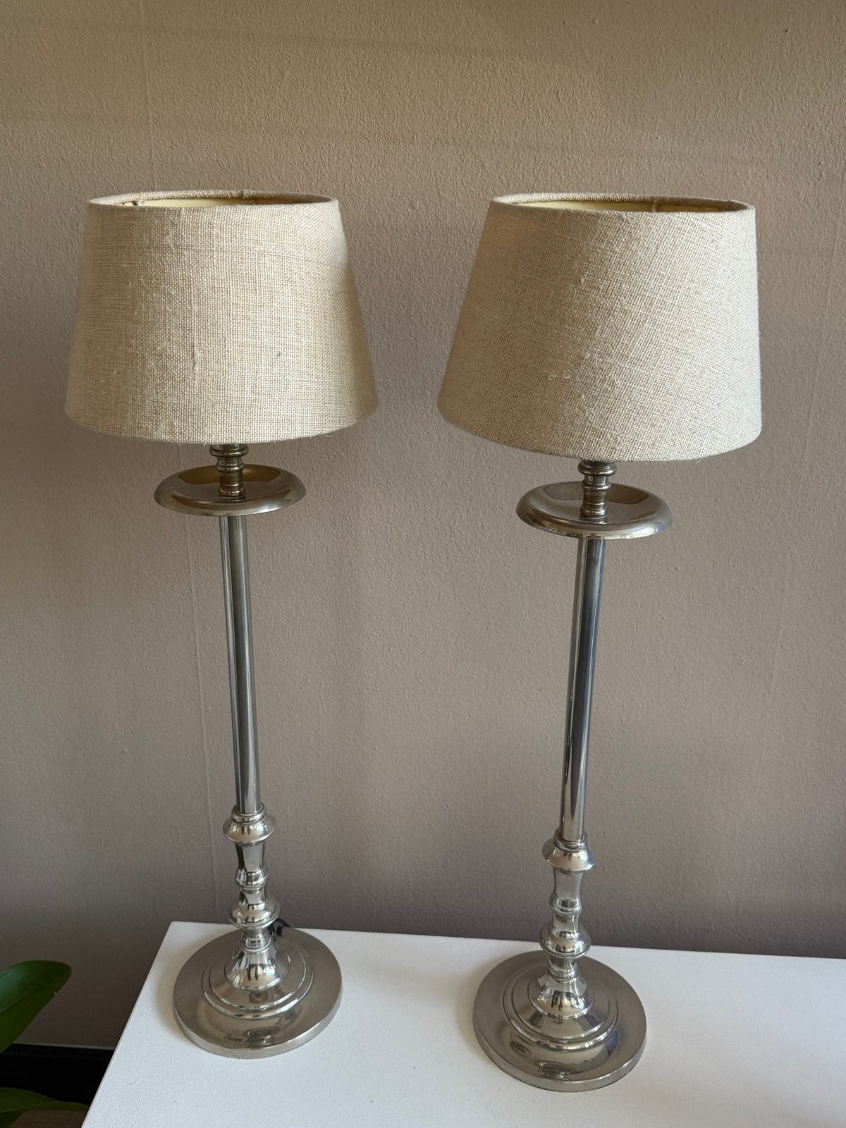 2 zilverkleurige tafellampen met linnen kap Riviera Maison, Overige merken, Gebruikt, Zilver, Klassiek