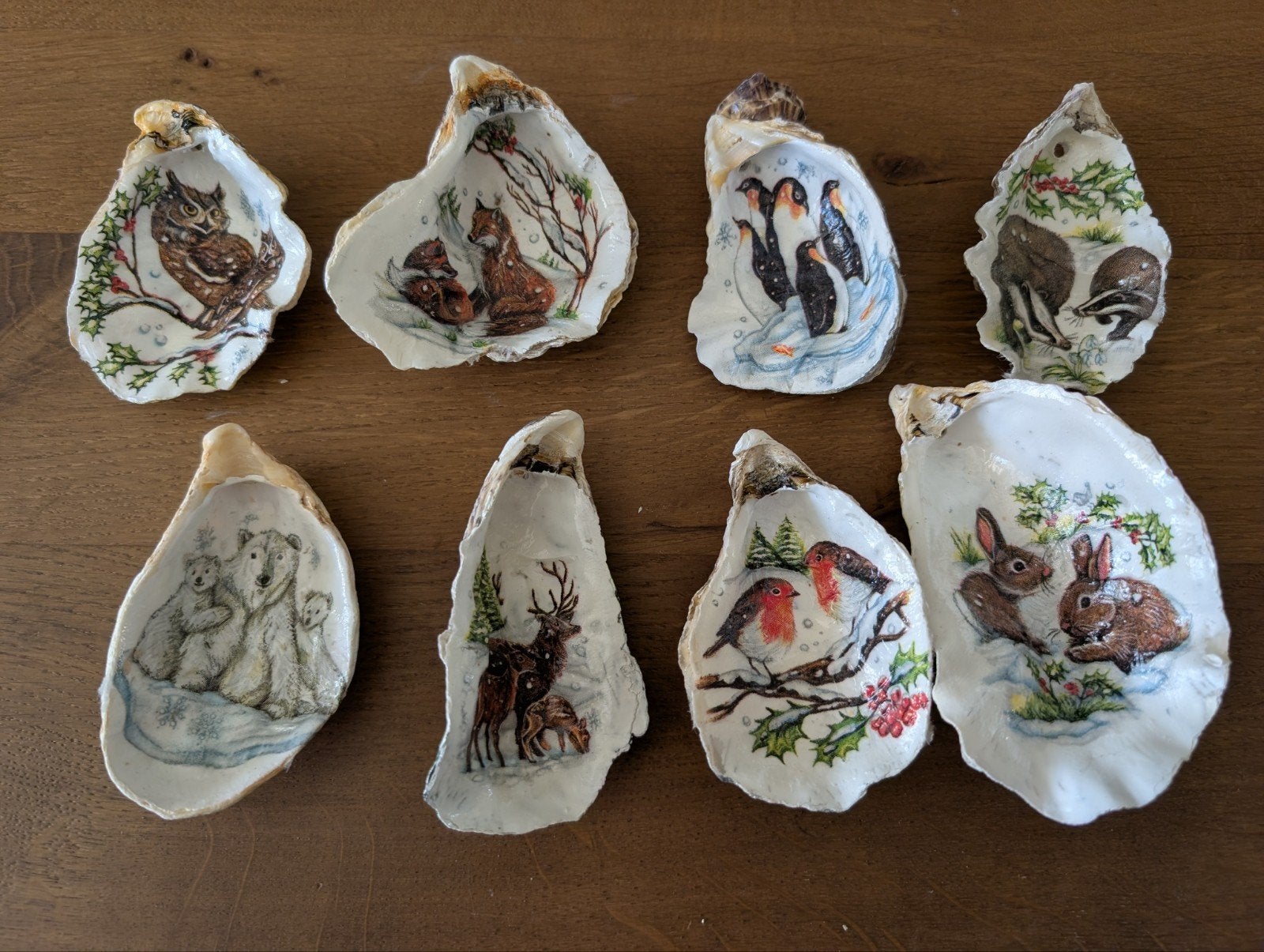 oesterschelpen gedecoreerd met Roodborstjes, uilen, vosjes ., Verzamelen, Ophalen of Verzenden, Schelp(en)