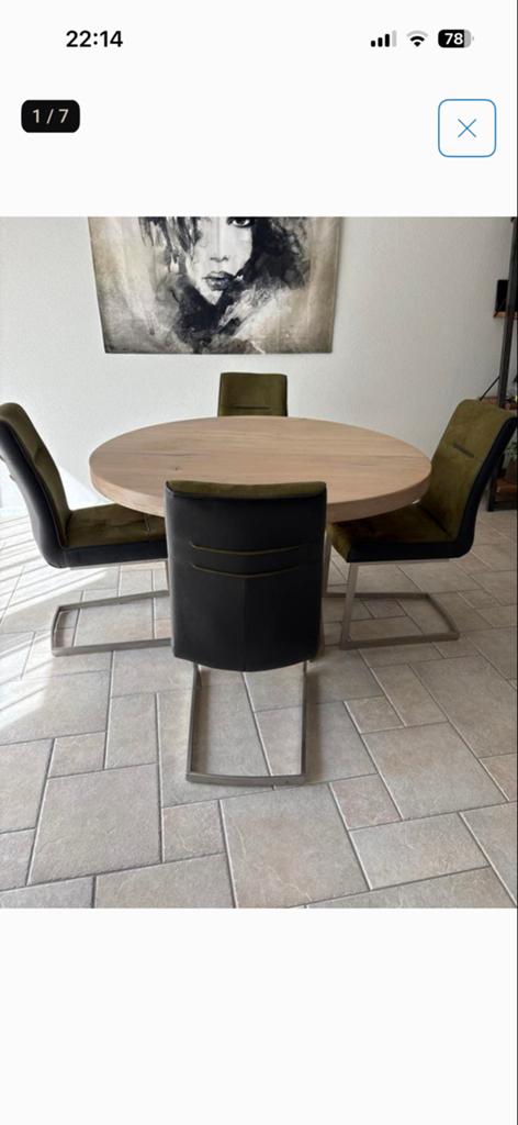 Ronde eethoek met 4 stoelen, Ophalen, 100 tot 150 cm, Rond, Zo goed als nieuw