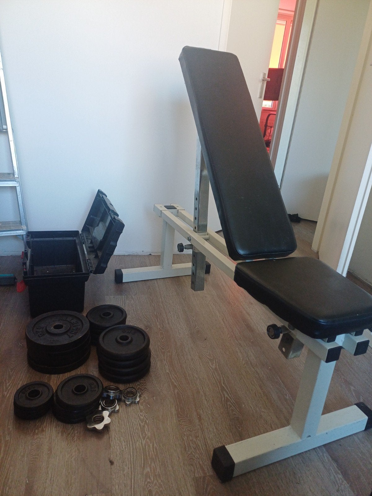 Compleet Trainingsbankje + 46 kg aan Gietijzeren Halterschij, Sport en Fitness, Ophalen