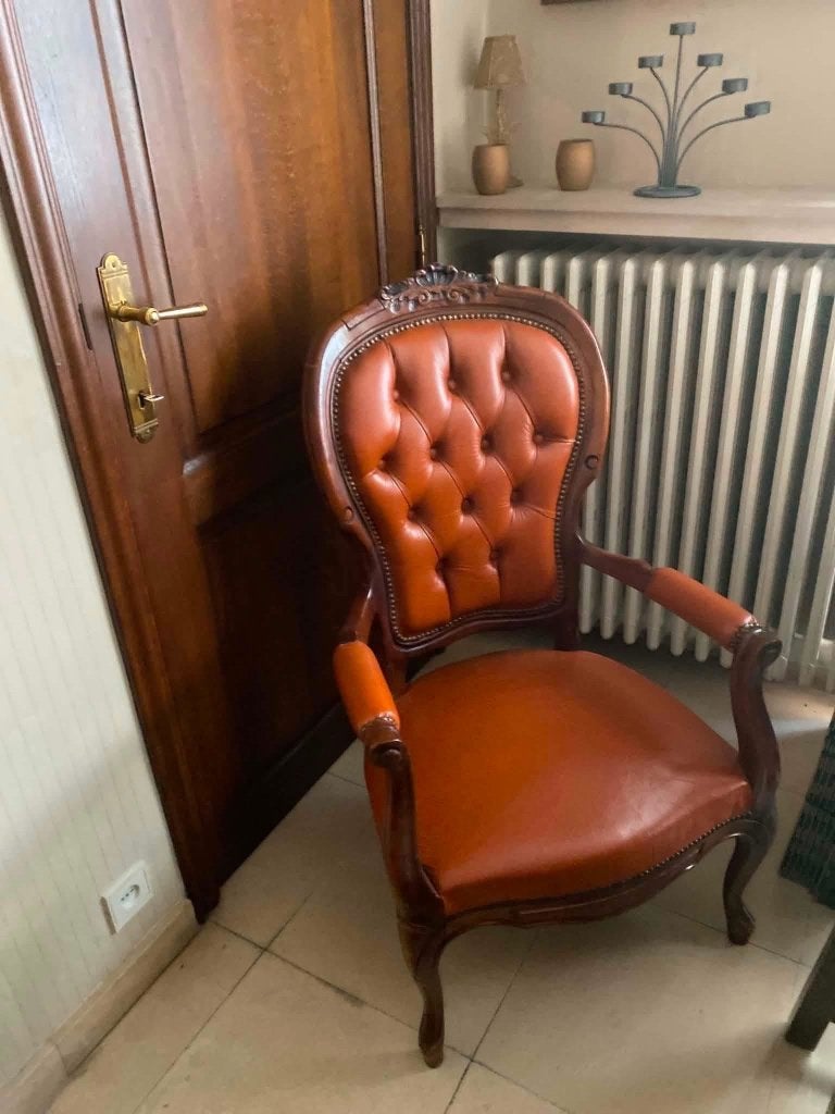 Antieke/retro zeteltje in leer, Huis en Inrichting, Fauteuils, Ophalen, Minder dan 50 cm, 75 tot 100 cm, Zo goed als nieuw