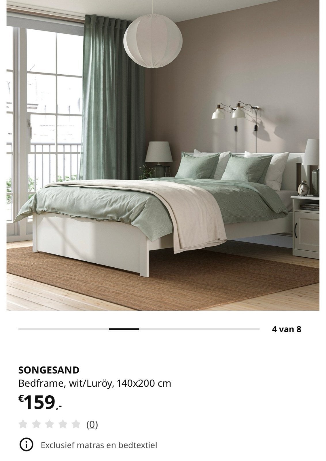 SONGESAND Bedframe wit/Luröy, 140x200 cm, Ophalen, Wit, Tweepersoons, 140 cm