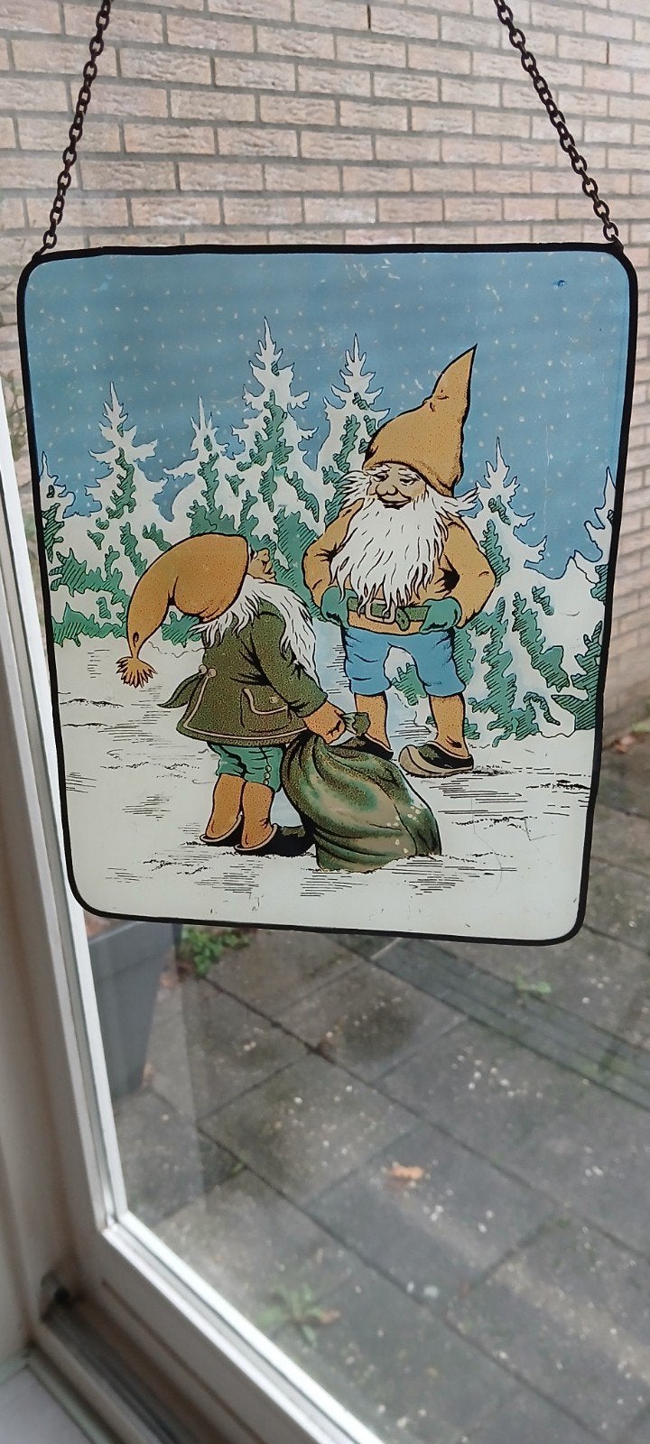 oud glas in lood raamhanger kerst kerstman kabouter, Diversen, Ophalen of Verzenden, Gebruikt