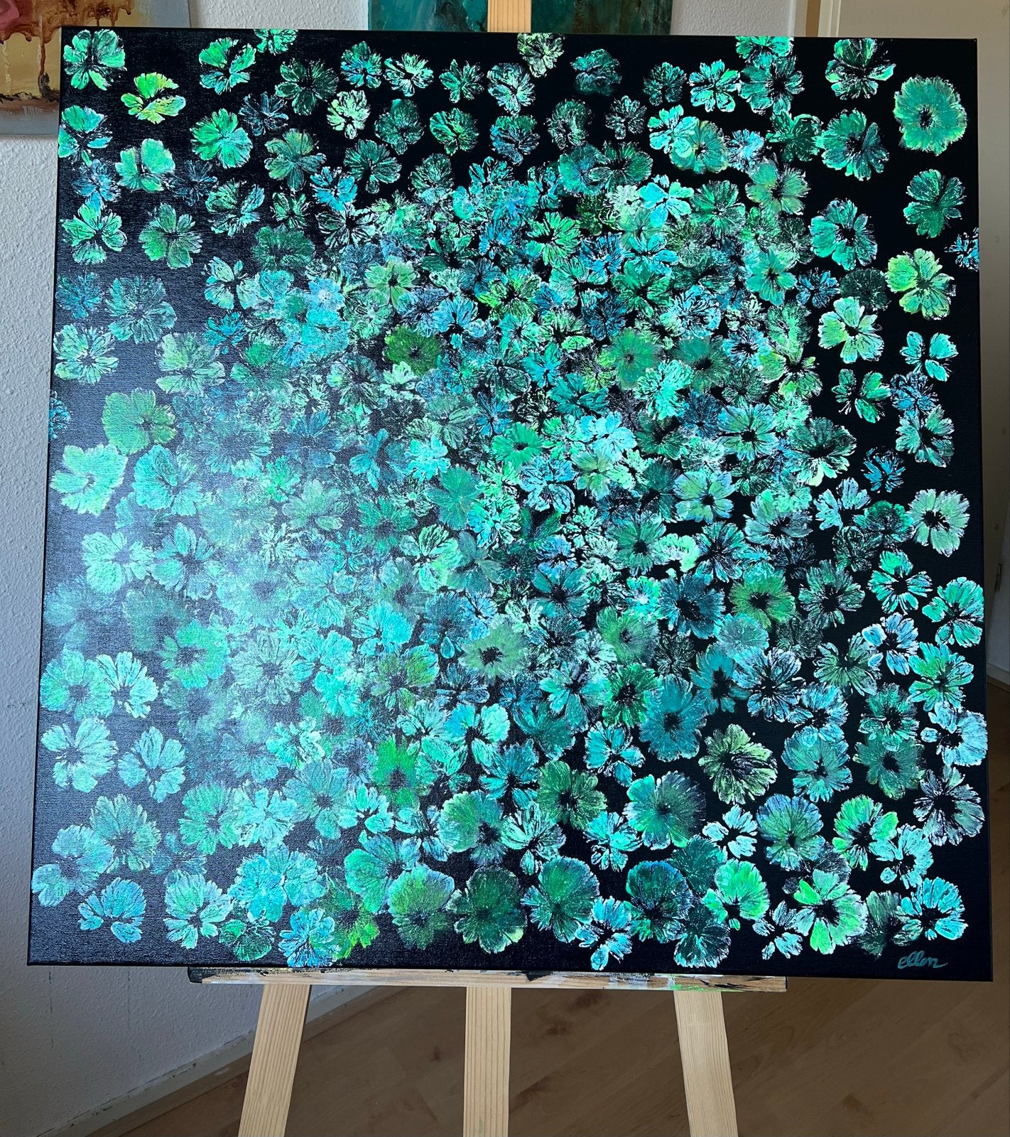 3D Canvas Green Flower Symphony 80x80 cm, Acrylverf, Handgeschilderd, Ophalen, Bloemen