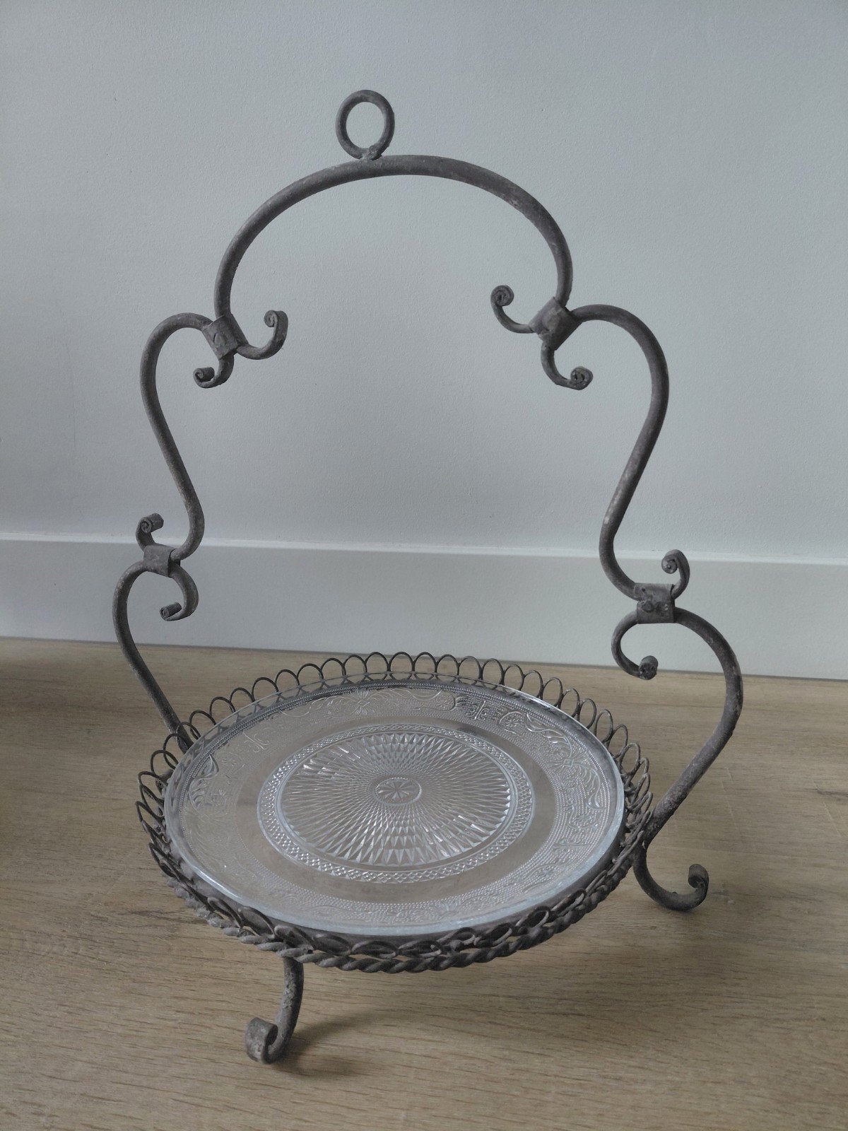 brocante etagere met glazen schaal, Ophalen, Gebruikt, Metaal