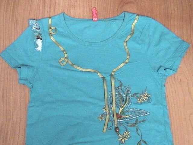 DIDI aquablauwe t-shirt met opdruk van bloem en leuk bewerkt, Gebruikt, Meisje, Ophalen of Verzenden, Didi