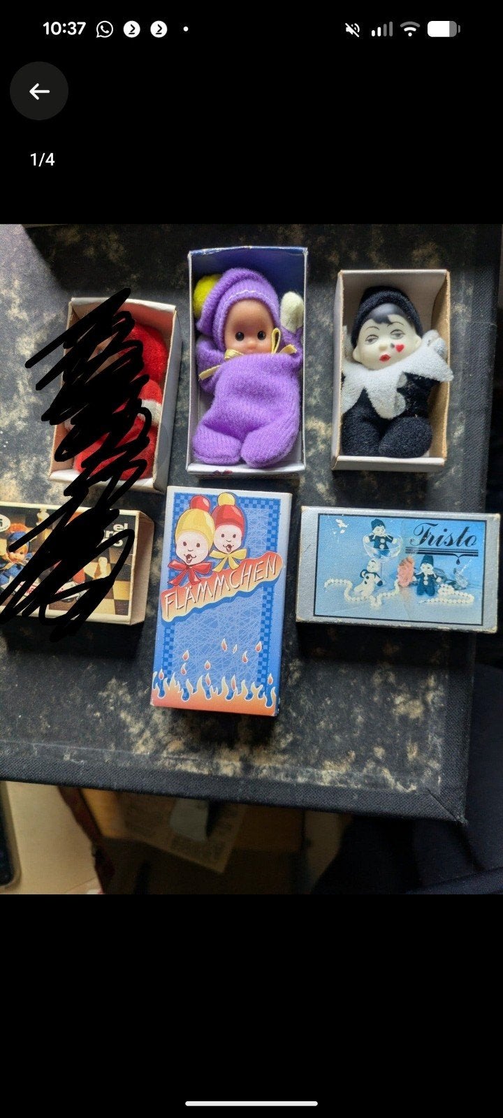 Vintage miniatuur popjes in luciferdoosjes Fristo, Flämmchen, Ophalen of Verzenden, Gebruikt, Pop