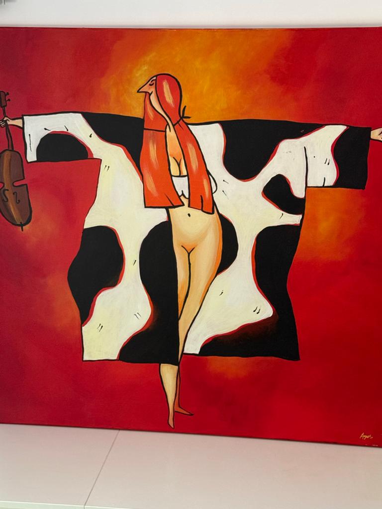 Modern kunstwerk: Vrouw met viool en koeienprint, Ophalen of Verzenden