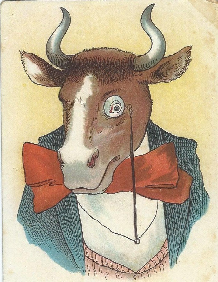 Antieke ansichtkaart: Koe met monocle en strik, Ophalen of Verzenden, Voor 1920, Gelopen, Overige thema's