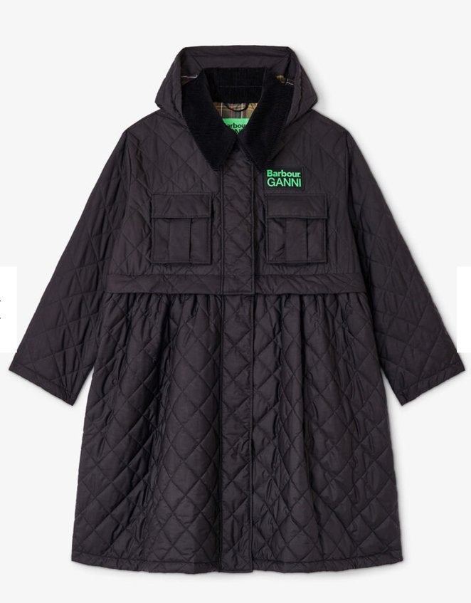 New Black Ganni X Barbour Quilted Long Coat Black size :38, Verzenden, Nieuw, Maat 38/40 (M), Zwart