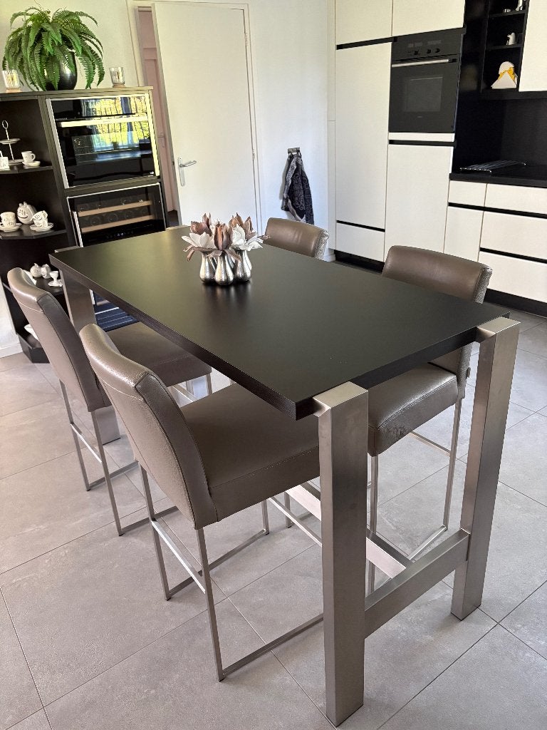 Bert Plantagie bartafel met 4 leren barkrukken, Huis en Inrichting, Barkrukken, Ophalen, Leer, Met voetsteun, Zo goed als nieuw