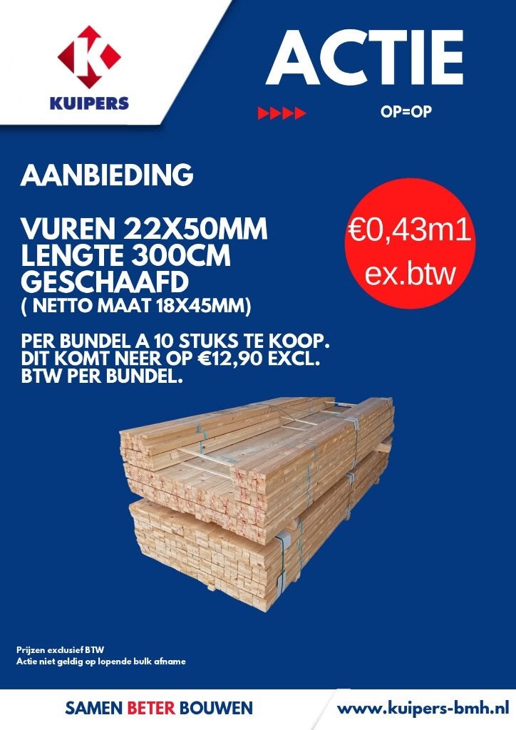 Vuren geschaafd 22x50mm lengte 300cm, Ophalen, Nieuw, 50 mm of meer, Balk
