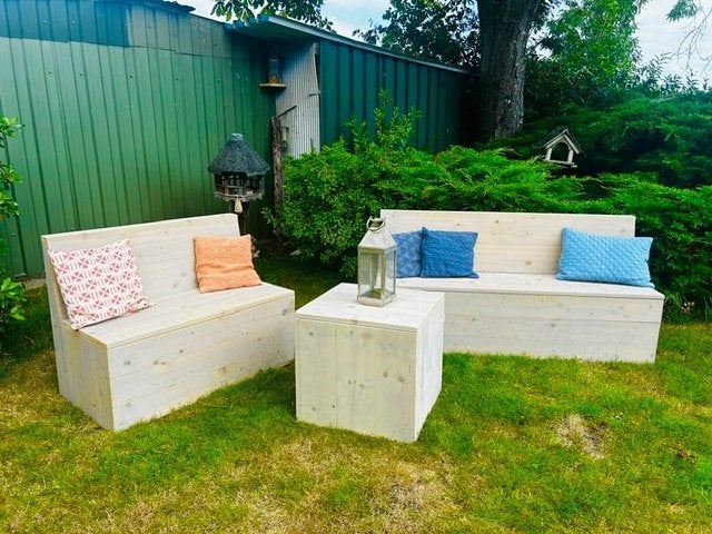 houten tuinbank hoekopstelling / loungeset NIEUW ! + kussens, Ophalen, 5 zitplaatsen, Zo goed als nieuw, Loungeset