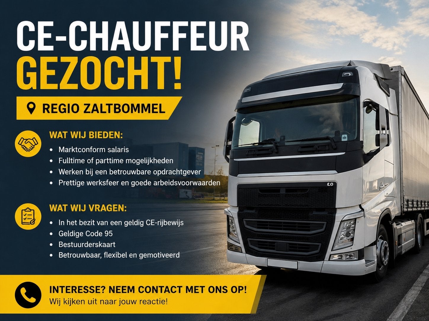 CE-Chauffeur Gezocht – Regio Zaltbommel €37ex, Vacatures, Vacatures | Chauffeurs, 33 - 40 uur, Overige niveaus, Starter, Freelance of Uitzendbasis
