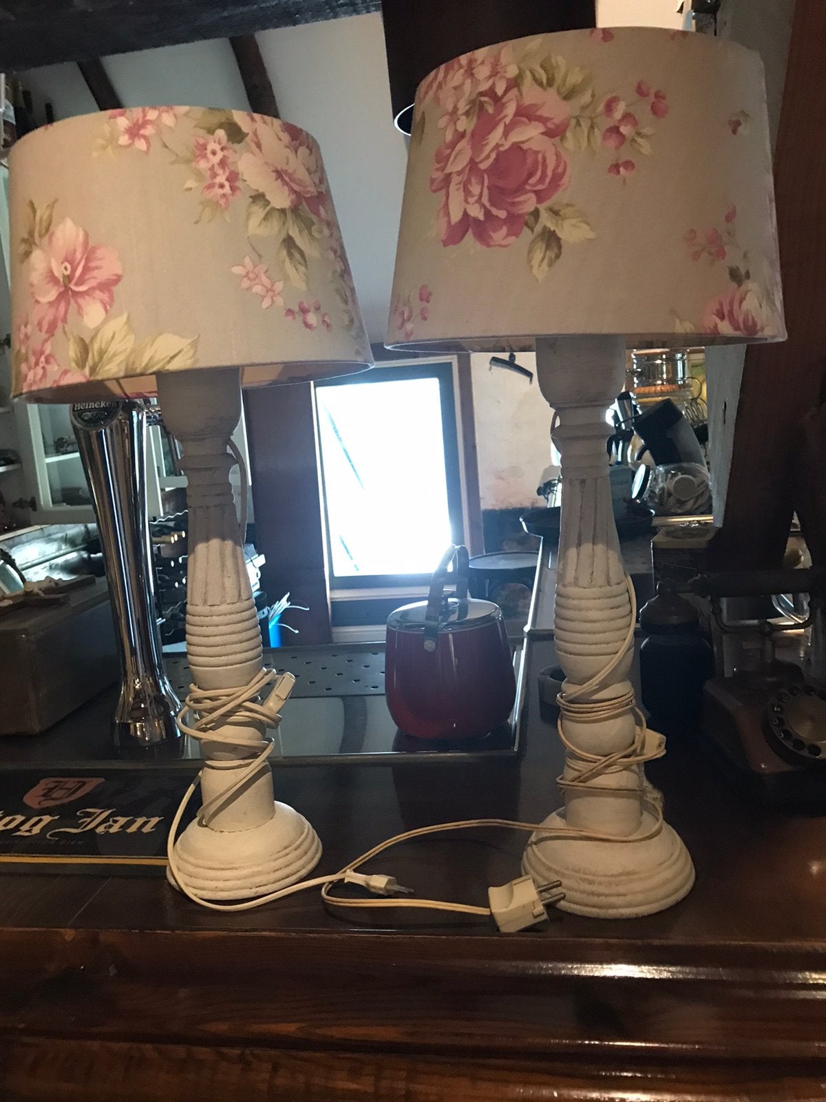 2 schemerlampen met gebloemde kappen, Huis en Inrichting, Ophalen, Zo goed als nieuw, Minder dan 50 cm
